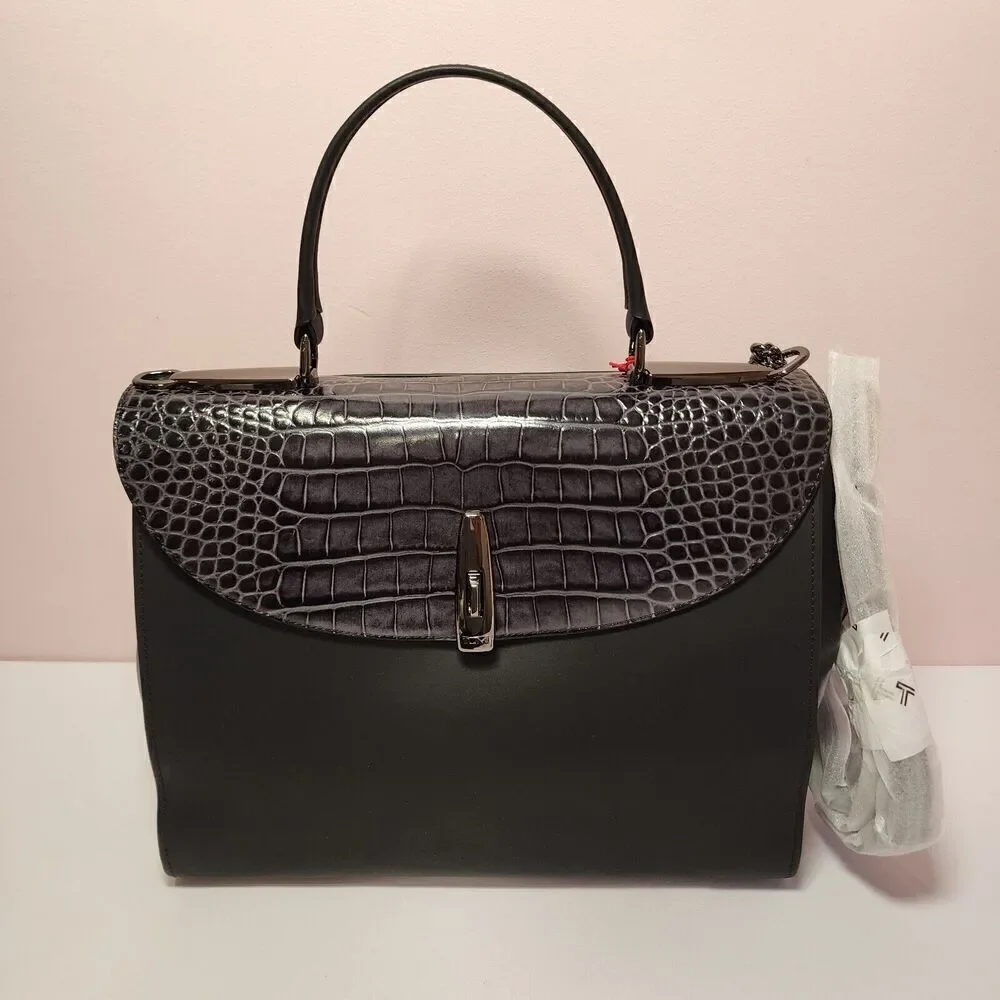 NWT Tumi Mezzanine RIVERA Crocodile Embossed Leather Satchel GREY